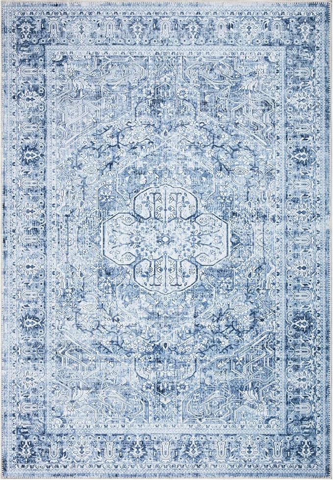 Bloom Rugs Washable Non-Slip 2' x 3' Rug - Ivory/Denim Blue Traditional Medallion Area Rug for Living Room, Bedroom, Dining Room, and Kitchen - Exact Size: 2' x 3'