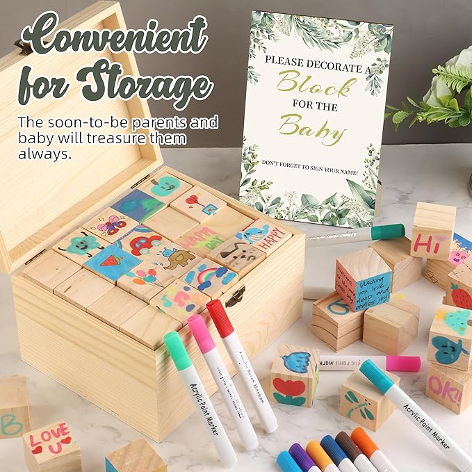 72PCS Baby Shower Games Kit with Blank Wooden Blocks, Acrylic Paint Marker, Wooden Box and Sign, Blocks Suitable for Baby Shower, Gender Reveals Party, Birthday