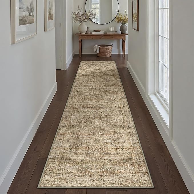 Brown Multi Hallway Runner Rug 2x7 Vintage Washable Distressed Area Carpet Kitchen Indoor Non Slip Long Traditional Medallion Retro Accent Throw Rug for Bedroom Laundry Dining Living Room