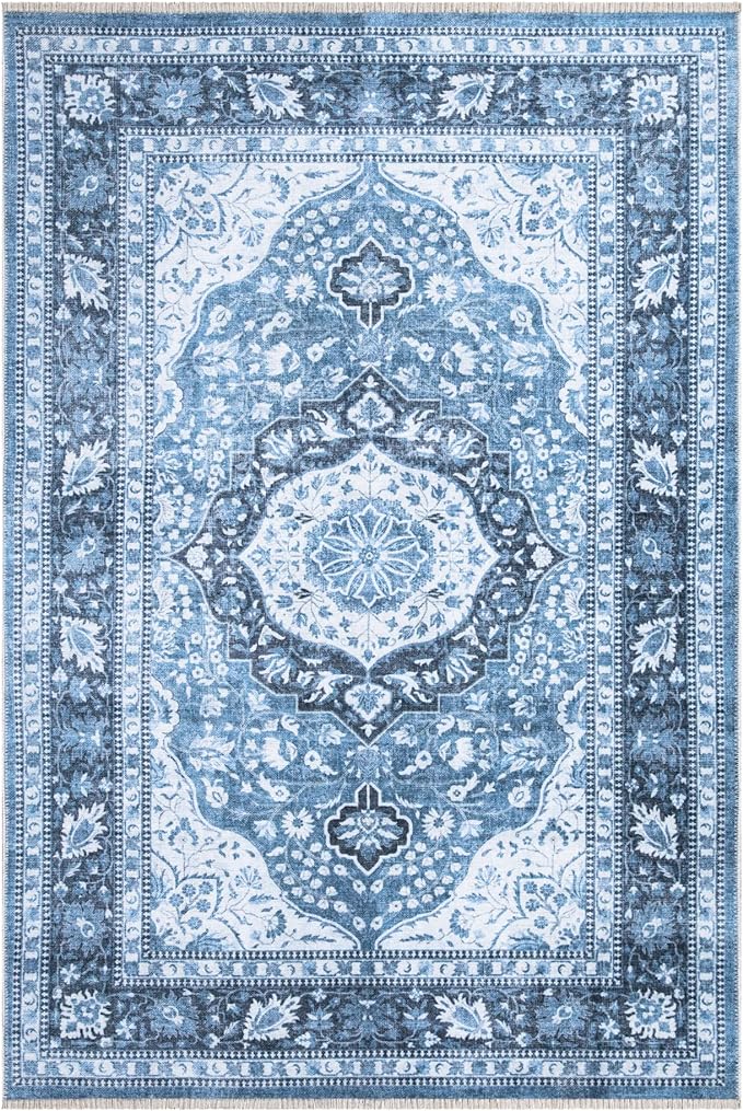 Bloom Rugs Caria Washable Non-Slip 6x9 Rug - Blue Traditional Area Rug for Living Room, Bedroom, Dining Room, and Kitchen - Exact Size: 6' x 9'
