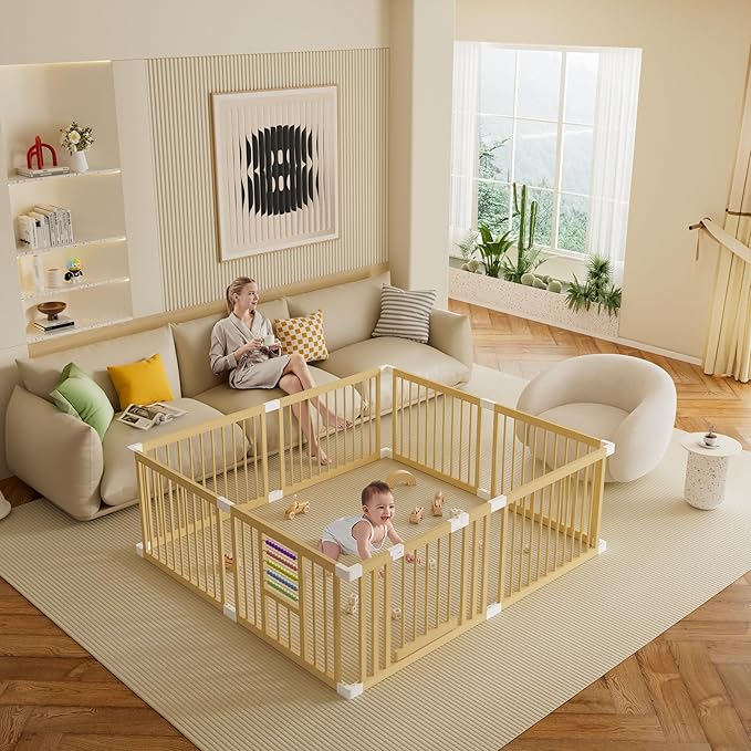 Baby Playpen with Gate, Wooden Playpen for Babies and Toddlers, Baby's Play Yard with Colorful Acrylic Beads, Baby Fence Play Area with Suction Cups, Extra Large Play Pen Area Indoor(79*71*24Inch)