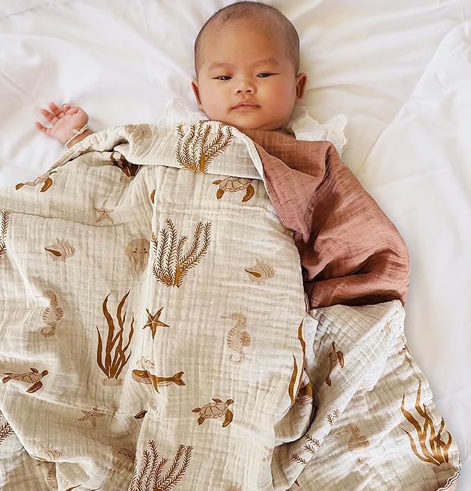 Leyl&Ari Basic Toddler Blanket | Organic Cotton Reversable Toddler Crib Blanket | Gender Neutral (Under The sea Friends)