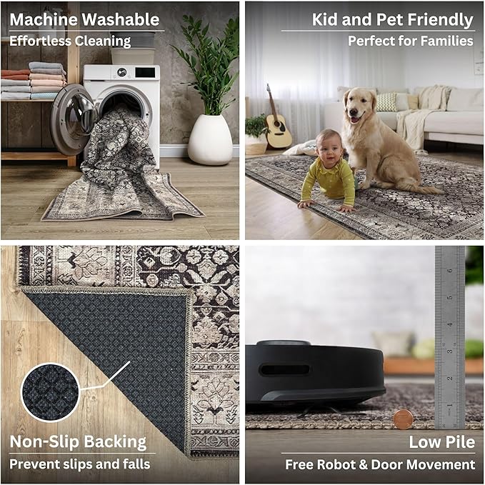 Bloom Rugs Washable Non-Slip 12 ft Runner - Charcoal/Beige Traditional Bordered Runner for Entryway, Hallway, Bathroom, and Kitchen - Exact Size: 2.5' x 12'