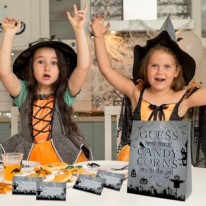 Halloween How Many Candy Corns Are In The Jar - 1 Standing Sign & 50 Guessing Cards - Halloween Haunted House Party Game & Decoration For Boys, Girls, Adults - Baby Shower, Birthday Game Set - A04