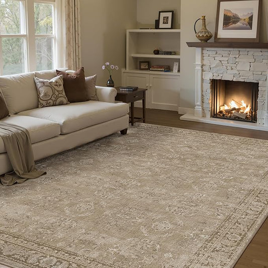 5x7 Light Brown Area Rug for Living Room Washable Vintage Distressed Carpet Bedroom Low Pile Non Slip Indoor Soft Retro Throw Accent Rug Office Kitchen Bathroom Dining Room