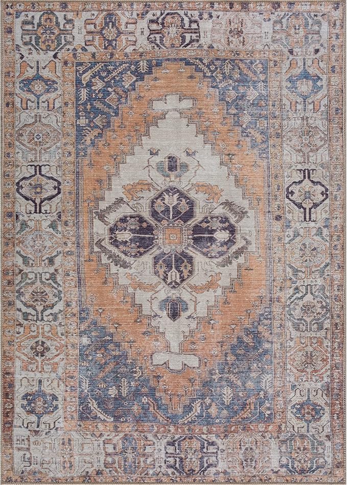 Bloom Rugs Washable 9' x 12' Rug - Orange/Blue/Beige Traditional Area Rug for Living Room, Bedroom, Dining Room, and Kitchen - Exact Size: 9' x 12'