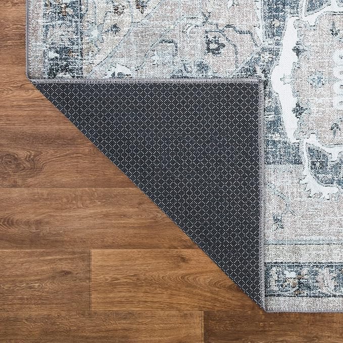 Bloom Rugs Washable Non-Slip 7 ft Runner - Pebble Gray/Blue Traditional Medallion Runner for Entryway, Hallway, Bathroom, and Kitchen - Exact Size: 2.5' x 7'
