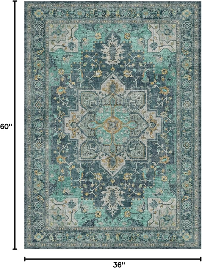 GENIMO 3x5 Area Rugs for Living Room, Machine Washable Non Slip Vintage Rugs, Low Pile Lightweight Chenille Print Rug for Bedroom, Dining Room, Home Office, Dark Green