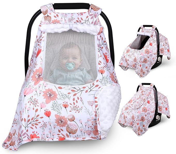 Car Seat Cover Baby, Carseat Covers Baby with 2 Layers Breathable Zipper Windows, Windproof Infant Car Seat Cover, Kick-Proof Baby Carrier Cover for Baby Girl Newborn Essentials