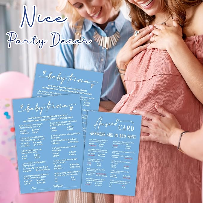 Baby Trivia - Baby Shower Game Cards - Minimalism Blue - 30 Double-Sided Fill In Style Game Cards With Answer Card, Gender Reveal, Baby Announcement, Party Games & Activity - C13