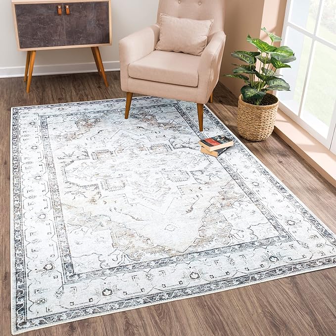 Bloom Rugs Washable Non-Slip 4' x 6' Rug - Brown/Beige/Charcoal Traditional Area Rug for Living Room, Bedroom, Dining Room, and Kitchen - Exact Size: 4' x 6'