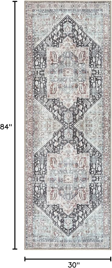 Bloom Rugs Washable Non-Slip 7 ft Runner - Charcoal/Brown Traditional Medallion Runner for Entryway, Hallway, Bathroom, and Kitchen - Exact Size: 2.5' x 7'