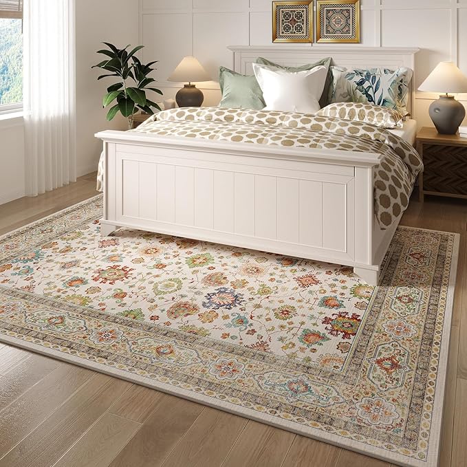 Living Room Rug 6x9 Rug Machine Washable Boho Area Rug Non Slip Vintage Low Pile Large Rug for Living Room, Bedroom, Farmhouse, Dining Room, Kids Playroom (Colorful)