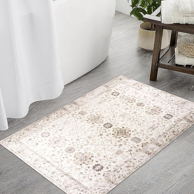ReaLife Rugs Machine Washable Area Rug - Living Room Bedroom Bathroom Kitchen Entryway Office - Padded Crease Free Stain Resistant Premium - Boho Farmhouse Vintage- BEV- Beige - 2'x 3'