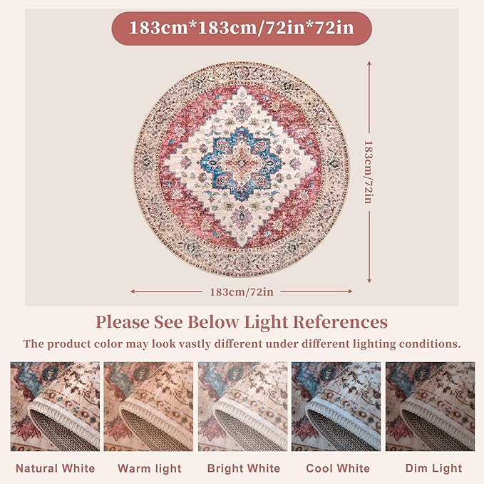 Ciicool Boho Area Rug Washable 6x6ft Round Bedroom Rug Non-Slip Oriental Throw Rug Low-Pile Floor Carpet for Dining Room Living Room