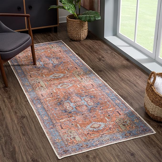 Bloom Rugs Washable 10 ft Runner - Terracotta/Blue Traditional Runner for Entryway, Hallway, Bathroom, and Kitchen - Exact Size: 2.5' x 10'