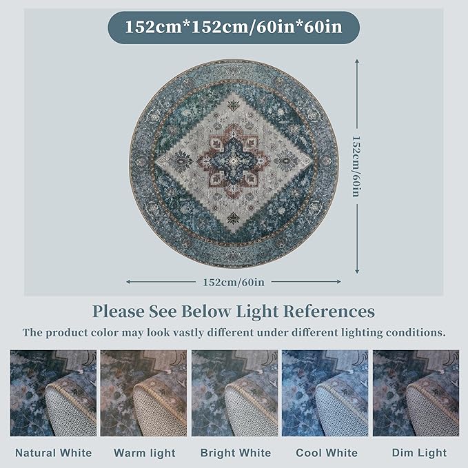 Ciicool Boho 5x5ft Round Area Rug Washable Bedroom Rug Non-Slip Oriental Entryway Throw Rug Low-Pile Indoor Circle Carpet for Dining Room