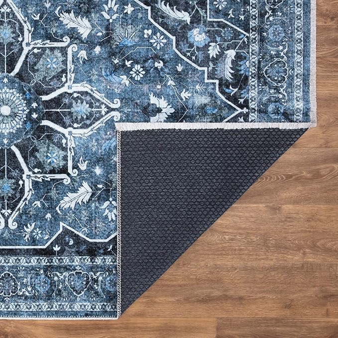 Bloom Rugs Caria Washable Non-Slip 10 ft Runner - Blue/Charcoal Traditional Runner for Entryway, Hallway, Bathroom, and Kitchen - Exact Size: 2'6" x 10'
