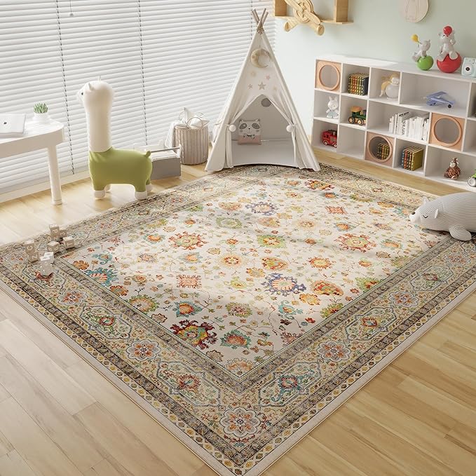 Living Room Rug 6x9 Rug Machine Washable Boho Area Rug Non Slip Vintage Low Pile Large Rug for Living Room, Bedroom, Farmhouse, Dining Room, Kids Playroom (Colorful)