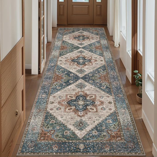 Ciicool Washable Vintage Runner Rug - 2'6" x 10' ft Hallway Carpet, Boho Low Pile Long Non Slip Soft Stair Runner Kitchen Carpet Indoor Oriental Throw for Living Room Bathroom Entry
