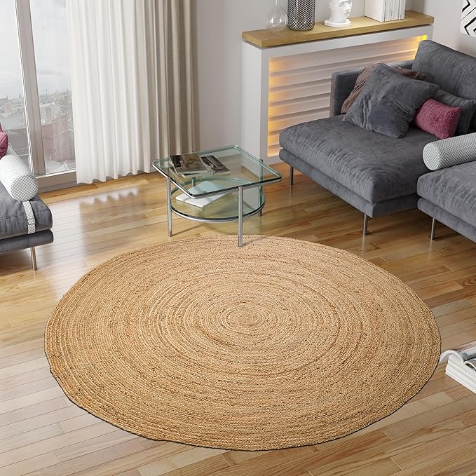 Hausattire Hand Woven Jute Braided Rug, 5’ Round – Natural, Reversible Boho Entry Area Rugs for Kitchen, Living Room I Farmhouse Decorative Floor Rug, 5 Feet Round