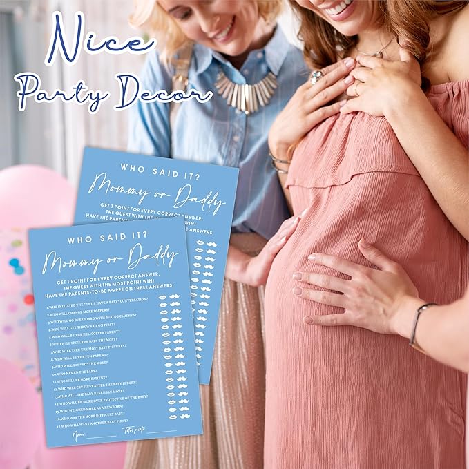 Guess Who Said It? Mommy Or Daddy Baby Shower Game Cards - Minimalism Blue - 30 Double-Sided Fill in Style Game Cards for Gender Reveal, Baby Announcement, Party Games & Activity - C04