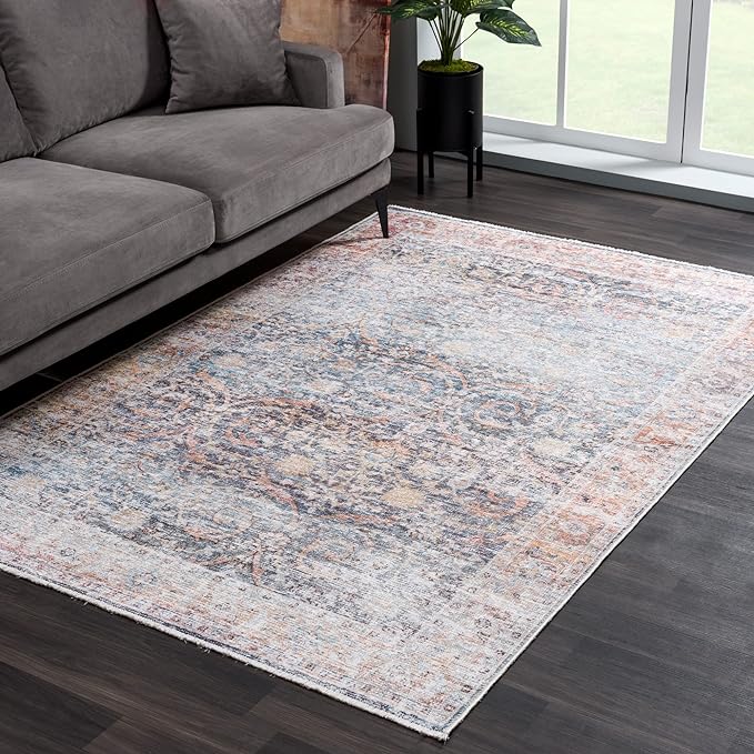 Bloom Rugs Caria Washable Non-Slip 6x9 Rug - Ocean Blue/Brick Traditional Area Rug for Living Room, Bedroom, Dining Room, and Kitchen - Exact Size: 6' x 9'