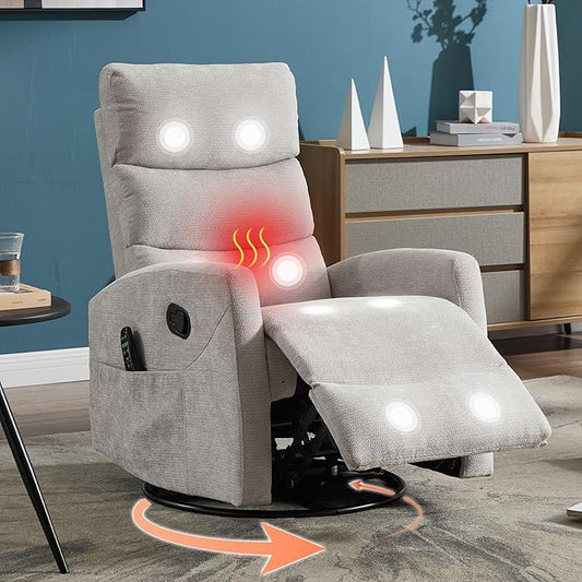 Manual Swivel Rocker Recliner Chair with Massage, Overstuffed Recliner Glider with Vibration Massage and Heat for Nursery, Living Room Reclining Sofa Chair, Fabric Light Gray
