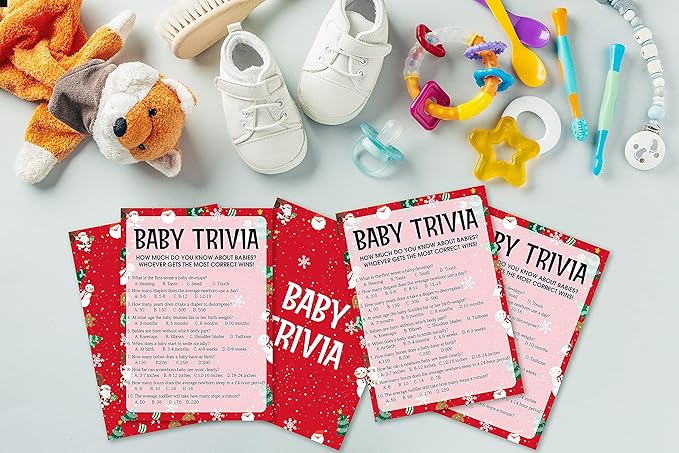 Baby Shower Game Cards, Baby Trivia Game, Christmas Party Cards for Gender Neutral, Set of 30 Cards(Chris002)