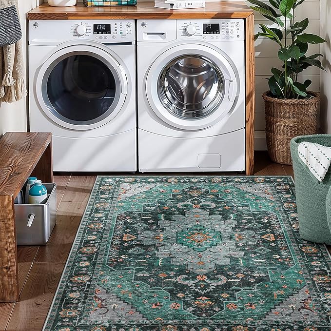 Ciicool Area Rug 5x7ft Washable Rugs for Living Room Non-Slip Indoor Rugs Large Low-Pile Mat Floor Carpet Vintage Rug for Bedroom Dinning Foyer Decor (Teal/Multi)
