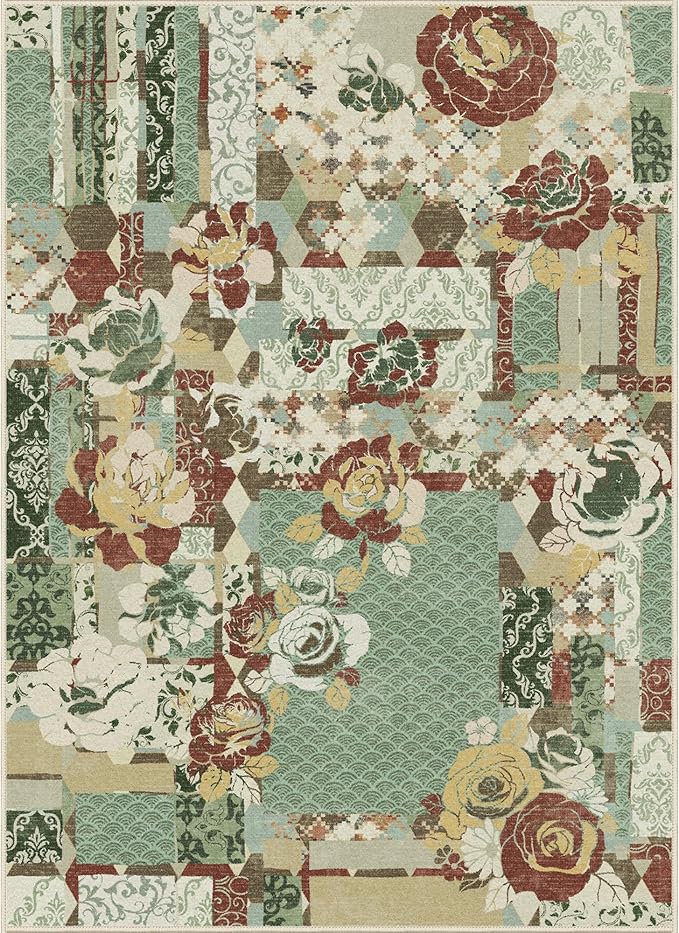 GENIMO 5X7 Floral Area Rugs for Living Room, Machine Washable Non Slip Vintage Patchwork Washable Rug, Ultra-Thin Low Pile Chenille Rugs for Bedroom, Dining Room, Celadon Green