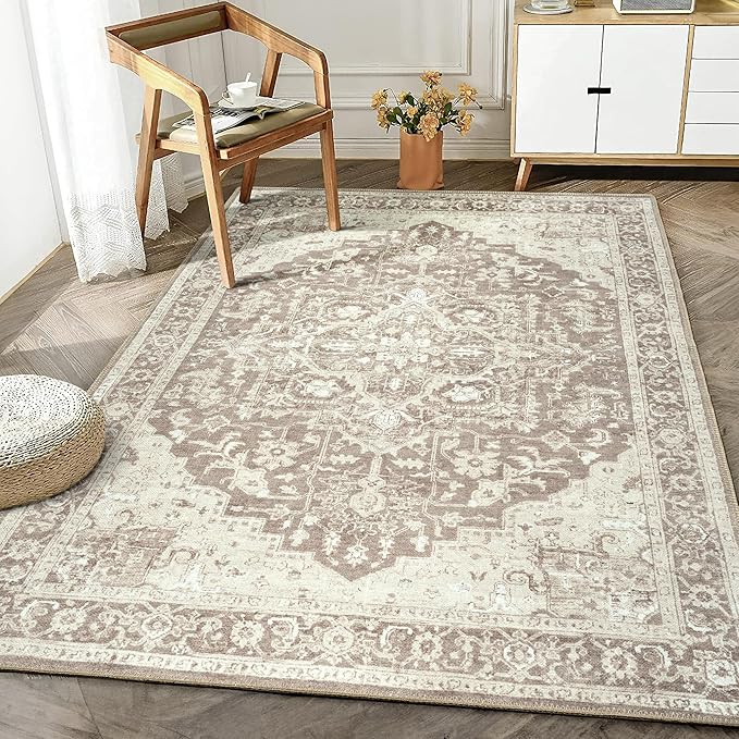 Bloom Rugs Washable Non-Slip 3' x 5' Rug - Light Brown Traditional Medallion Area Rug for Living Room, Bedroom, Dining Room, and Kitchen - Exact Size: 3' x 5'