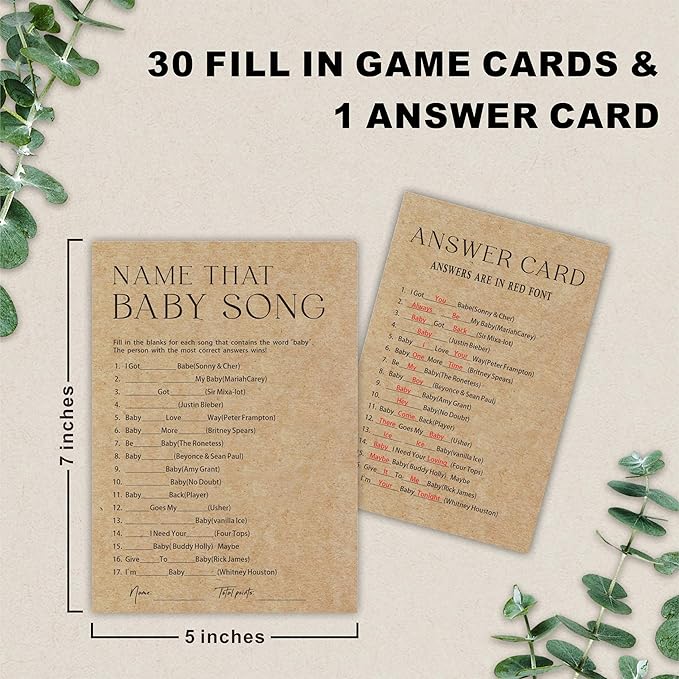 Baby Shower Game - Set Of 30 Kraft Paper Double Print - Name That Baby Song Game Cards With 1 Answer Card For Baby Boy Girl, -Baby Announcements, Gender Reveal Games, Party Favors And Supplies - B12