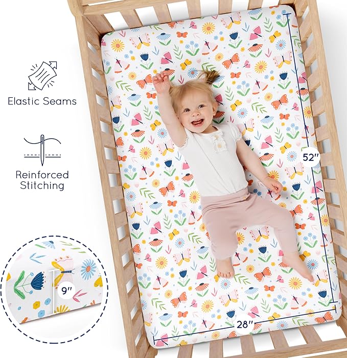 GROW WILD Butterflies & Flowers Fitted Crib Sheets Girl (3 Pack) - Soft Jersey Cotton Fitted Sheet, Toddler Bed Mattress & Baby Crib Bedding Set for Girls, Baby Girl Nursery Crib - Pink & White