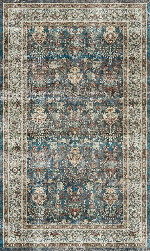 Dripex Vintage Washable Area Rug - 3x5 Entryway Rug for Indoor Door Mat Low-Pile Non-Slip Bedside Rug Bedroom Oriental Medallion Floral Print Carpet Soft Accent Rug Farmhouse Office Home Decor