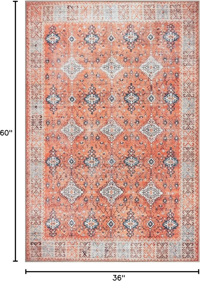 Bloom Rugs Washable Non-Slip 3' x 5' Rug - Orange Traditional Bordered Area Rug for Living Room, Bedroom, Dining Room, and Kitchen - Exact Size: 3' x 5'