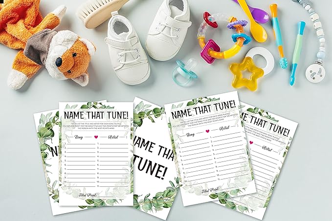 Baby Shower Game Cards, Name That Tune Game, Tropical Jungle Theme Party Cards For Gender Neutral Boys or Girls, Set of 30 Cards(Green009)