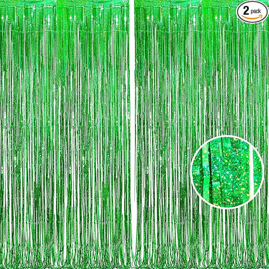 BRAVESHINE Green Metallic Tinsel Foil Fringe Curtains - 2 Pack 3.2 x 8.2 ft Metallic Photo Backdrop for Graduates-Theme/St Patricks Day/Hawaiian/Luau/Dinosaur/Jungle-Theme/Christmas Party Decorations