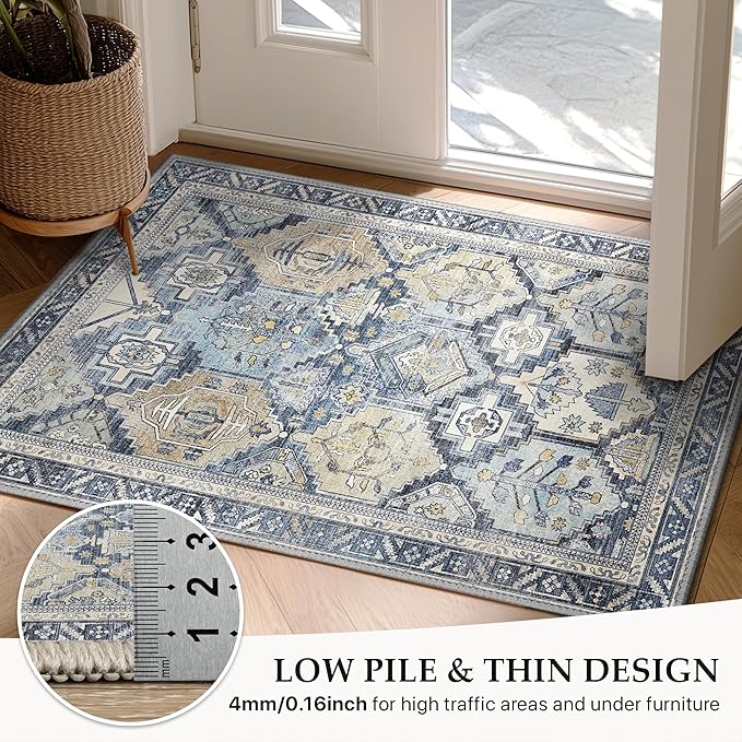 GENIMO 9x12 Area Rugs for Living Room, Machine Washable Non Slip Vintage Rugs, Low Pile Lightweight Chenille Print Rug for Bedroom, Dining Room, Home Office, Brown Blue