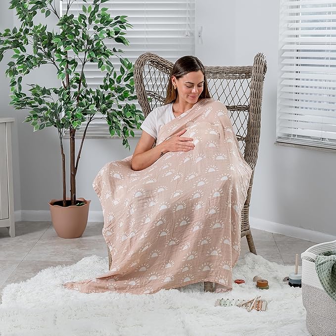Comfy Cubs Muslin Swaddle Blankets Pack of 1 - 47 x 47 Inch Soft Cotton Baby Blanket Set, Large Multipurpose Wraps for Newborns - Self-Soothing Swaddles for Newborns - Blush Sun