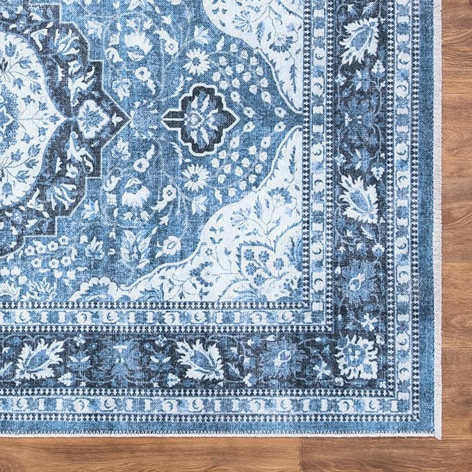 Bloom Rugs Caria Washable Non-Slip 8x10 Rug - Blue Traditional Area Rug for Living Room, Bedroom, Dining Room, and Kitchen - Exact Size: 7'8" x 10'