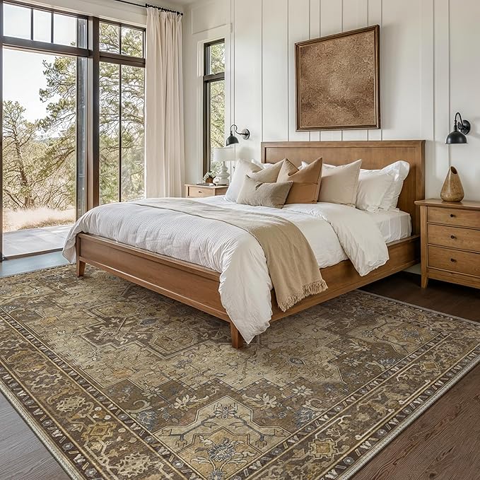 GENIMO 9x12 Area Rugs for Living Room, Machine Washable Non Slip Vintage Rugs, Low Pile Lightweight Chenille Print Rug for Bedroom, Dining Room, Home Office, Rustic Brown