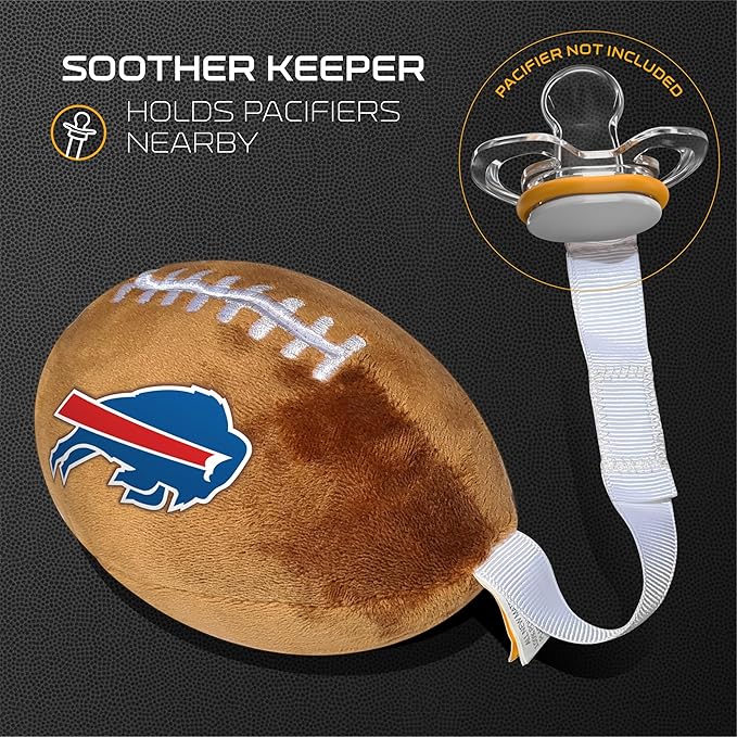 Buffalo Bills Plush Football Pacifier Holder by Smilo - Officially Licensed NFL Soother Holder - Soft Plush Toy and Dummy Holder - Fits Any Pacifier - Stroller Accessory & Newborn Essential