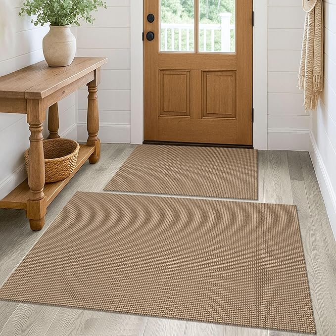 KOZYFLY Rugs for Entryway Sets of 2 Pcs 2x3 and 3x5 Washable Entry Rug Non Slip Rubber Backed Entrance Rugs Woven Cotton Doormat for Front Porch Laundry Kitchen Bedroom, Tan/Orange/Brown