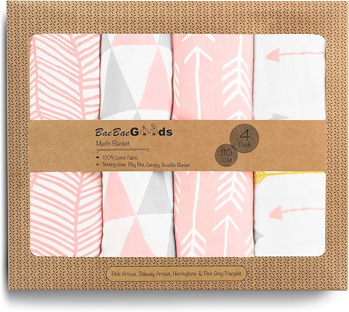 Muslin Swaddle Blankets – Soft Pure Cotton Muslin Blankets – 4 Pack of Breathable Swaddle Blankets – Unisex Baby Swaddle Blanket in Pink Designs – Multi Use Muslin Blankets – 47 x 47 inches