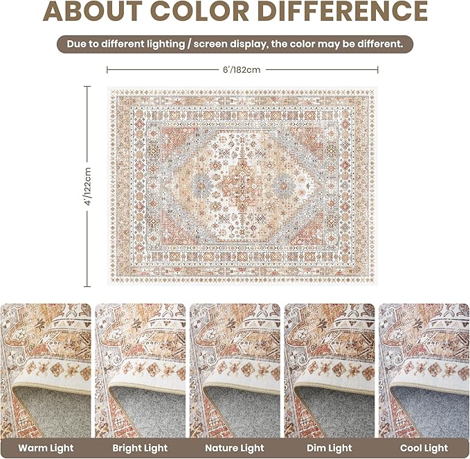 zesthome 4x6 Rug - Stain Resistant Washable Rug, Anti Slip Backing Rugs for Living Room, Foldable Vintage Small Area Rugs(Orange,4'x6')