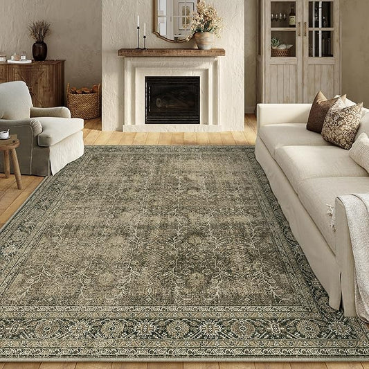 Vintage Area Rug 9x12 Light Brown Washable Living Room Large Bedroom Indoor Carpet Tribal Distressed Retro Accent Throw Rug for Office Dining Room