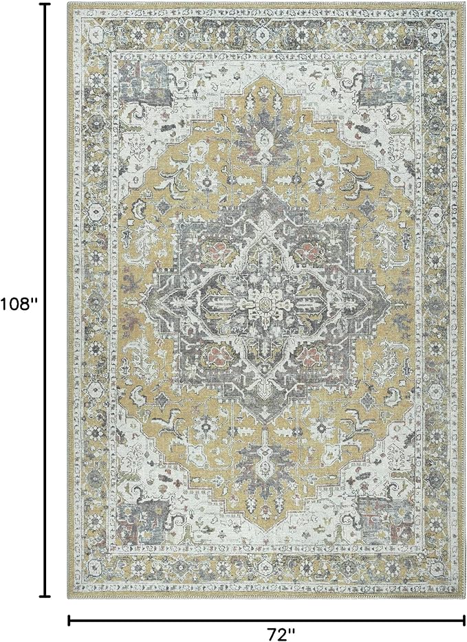 Bloom Rugs Washable Non-Slip 6' x 9' Rug - Yellow Traditional Medallion Area Rug for Living Room, Bedroom, Dining Room, and Kitchen - Exact Size: 6' x 9'
