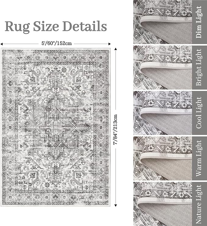 zesthome 5x7 Area Rugs - Ultra-Thin Washble Rug, Stain Resistant Anti Slip Backing Rugs for Living Room,Bedroom, Vintage Home Decor Area Rug (Grey/White,5'x7')