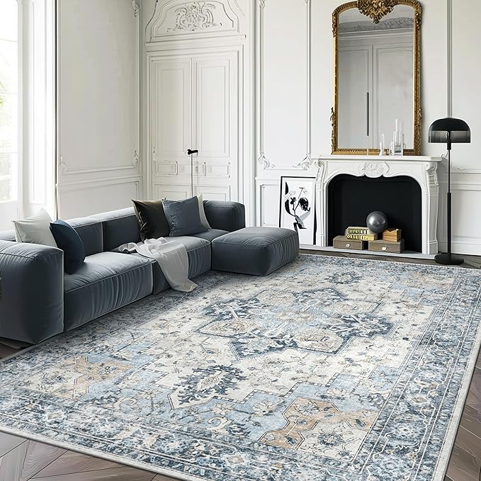 GENIMO 10x14 Area Rugs for Living Room, Machine Washable Rug, Non Slip Vintage Rugs, Low Pile Lightweight Chenille Print Rug for Bedroom, Dining Room, Home Office, Blue